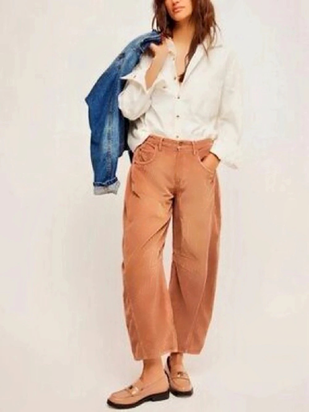 Free People Good Luck Mid-Rise Cord Barrel Jeans Wide Leg Brown